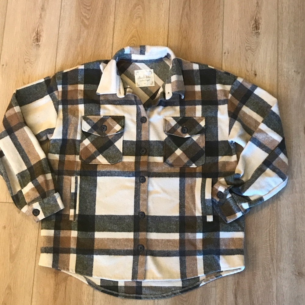 Altar'd State Large Gray Taupe Cream Plaid Shirt Jacket Size Medium - Picture 16 of 16